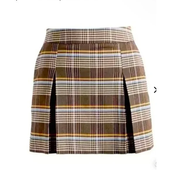 Topshop Plaid Miniskirt Size 12 Box Pleats Brown Cream NWT - Picture 2 of 11
